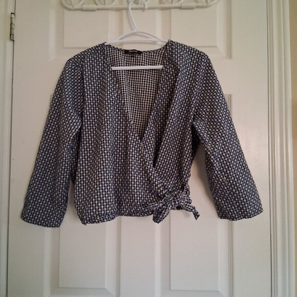 Madewell Women's Size XL Blue White Gingham Textured Cotton Wrap Top - Picture 2 of 11